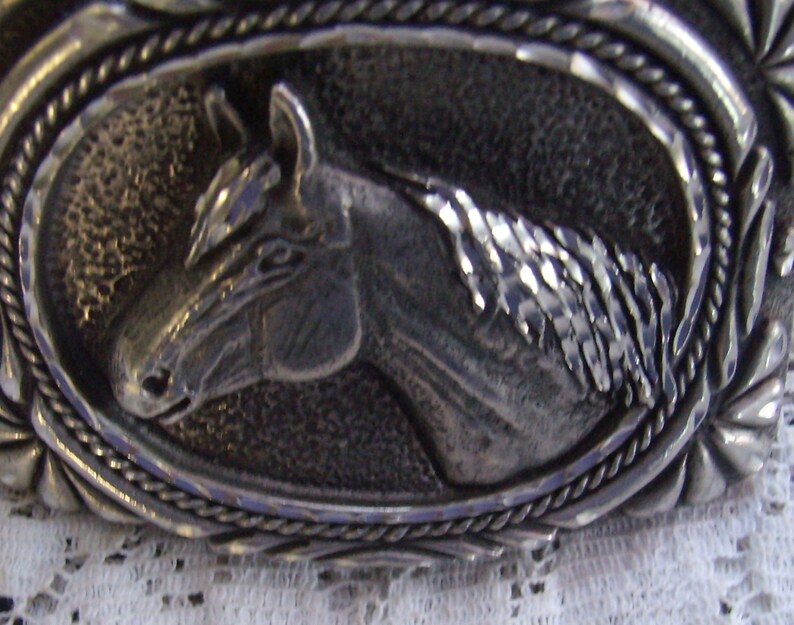 Vintage Pewter Horse Head Belt Buckle...Marked Number 4...Made in USA....Ornate Borders...Western Wear