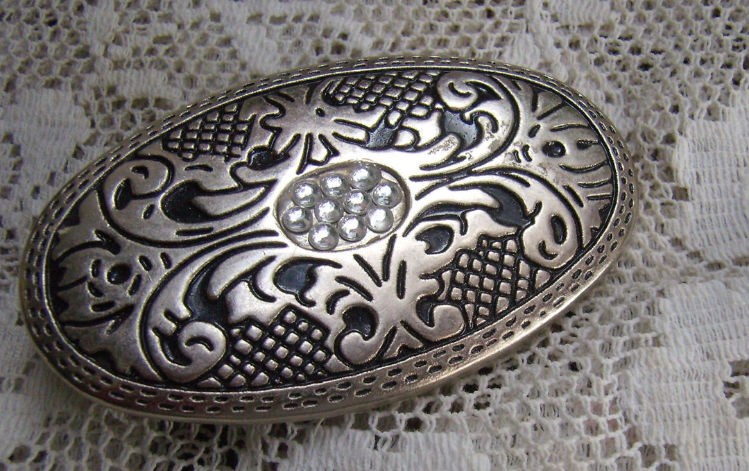 Vintage Silver Floral Rhinestone Belt Buckle, Black Enamel  display picture 3