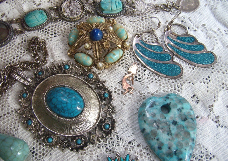 Vintage Lot Turquoise Jewelry...Loose Beads...Sterling Cross and Charm...Scarab Bracelet...Some Repair...Destash Lot...Supplies