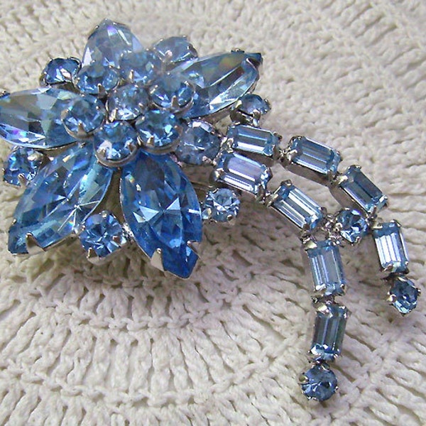 SEVEN Treasury Lists....Vintage.SHERMAN  Brooch...Blue SWAROVSKI Crystals...Blue Flower  Brooch.....Sherman Flower Brooch