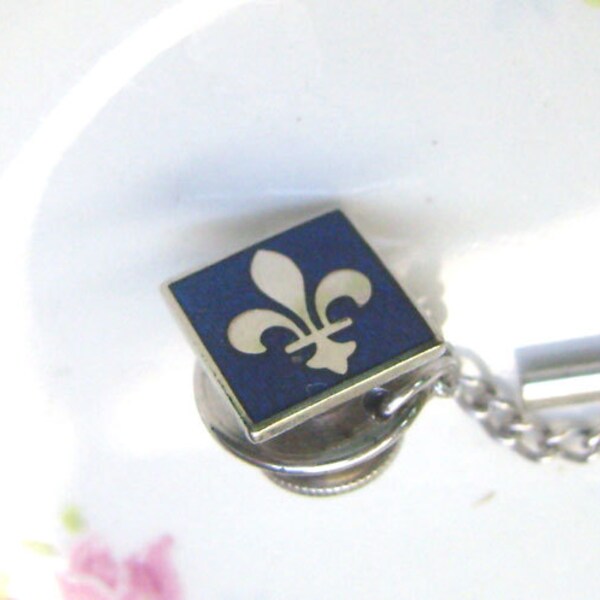 Sale...Vintage Blue Enamel "FLEUR DE LIS" Tie Tack...Lapel Pin...French Heraldic Tie Tack....Silver Metal