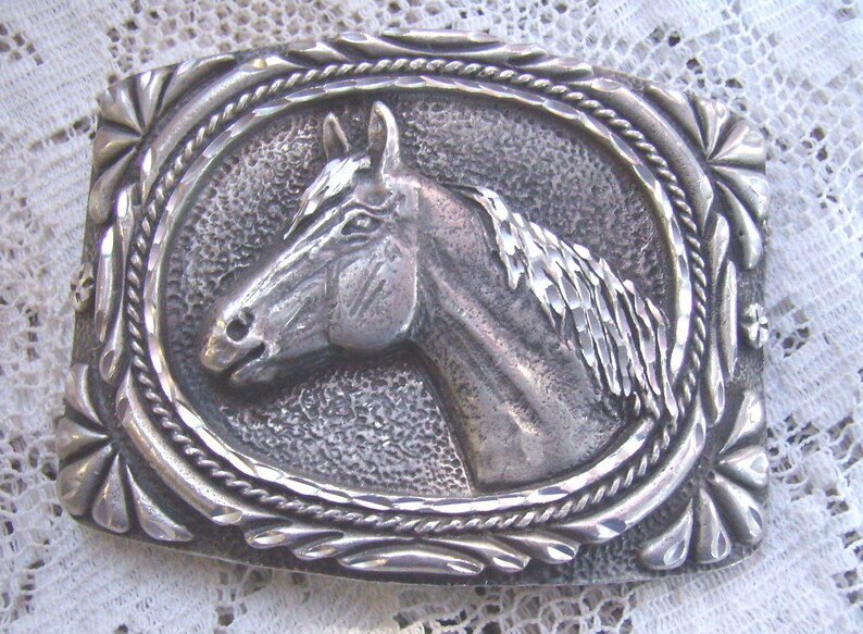Vintage Pewter Horse Head Belt Buckle...Marked Number 4...Made in USA....Ornate Borders...Western Wear
