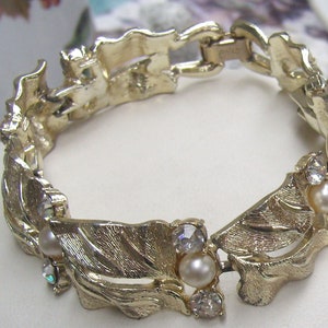 Reduced...Vintage Coro Pearl/Rhinestone Hinged Bracelet...Wide Gold Tone Leaf Bracelet..."Coro" Collectors