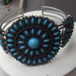Vintage Turquoise Cuff Bracelet..Adjustable...Signed NR (Nancy and Rise)....Round Faux Turquoise Bead Center...Silver Wire