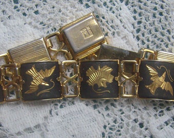 Vintage TOLEDO Spanish Damascene Link Bracelet...7 1/2 Inches Long...Floral and Bird Panels...Clasp Marked IA
