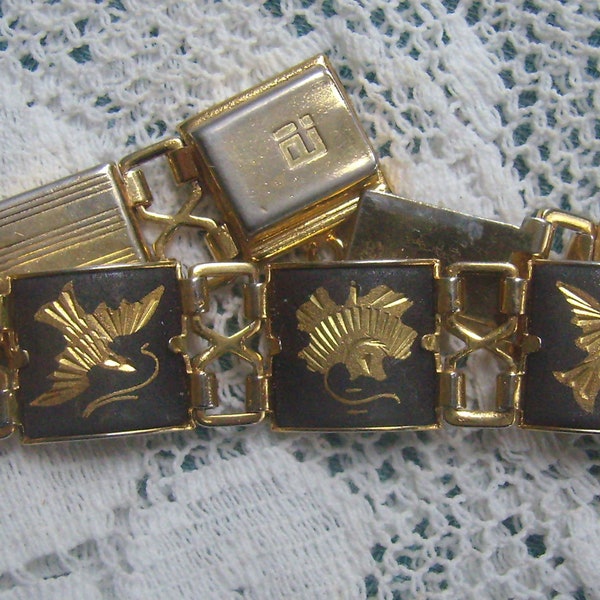 Vintage TOLEDO Spanisches Damaszener Gliederarmband... 7 1/2 Zoll lang... Blumen- und Vogelplatten... Verschluss gemarkt IA