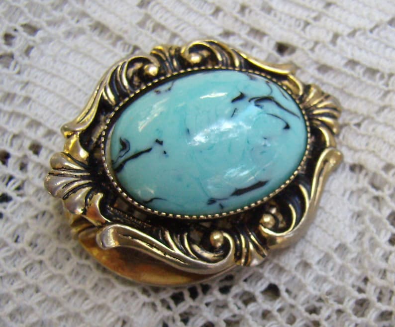 Vintage Turquoise Cabochon SASA Scarf Clip....Ornate Gold Border...Faux Turquoise...Scarf Accessories...Circa 1950s