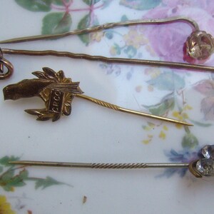 May include: A collection of antique hat pins. The pins feature various designs, including a knot with a red stone, a horse head with text, a flower, and three clear stones. The pins are gold and silver in color.