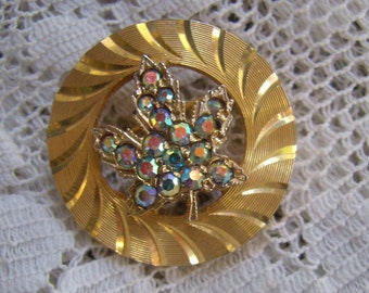 Vintage Rhinestone Maple Leaf Brooch...Embossed Swirl Gold Border...MADE IN CANADA...Aurora Borealis Rhinestones