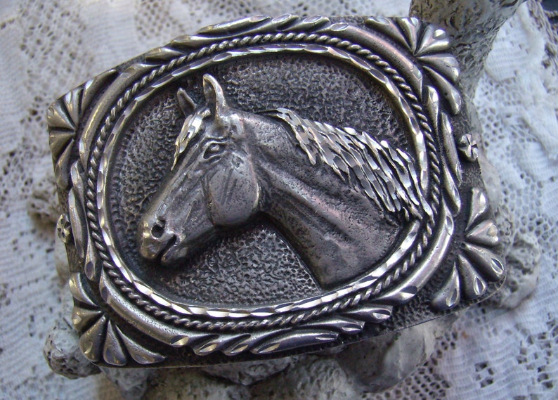 Vintage Pewter Horse Head Belt Buckle...Marked Number 4...Made in USA....Ornate Borders...Western Wear