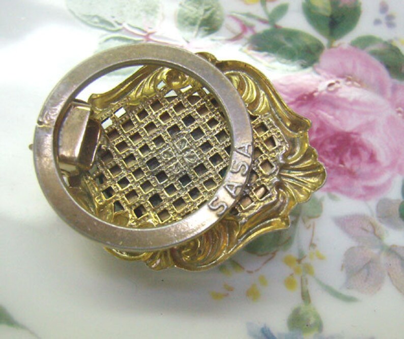 Vintage Turquoise Cabochon SASA Scarf Clip....Ornate Gold Border...Faux Turquoise...Scarf Accessories...Circa 1950s