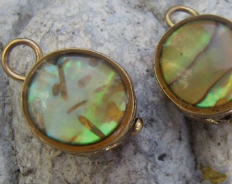 Two Vintage Abalone Charms/Pendants...Two Sided...Wide Bands- Hearts/Swirls...Modernistic...Assemblage Art