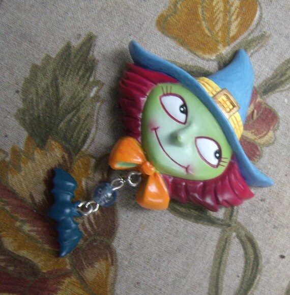 Vintage Halloween Witch & Bat Lapel Brooch Pin...… - image 2