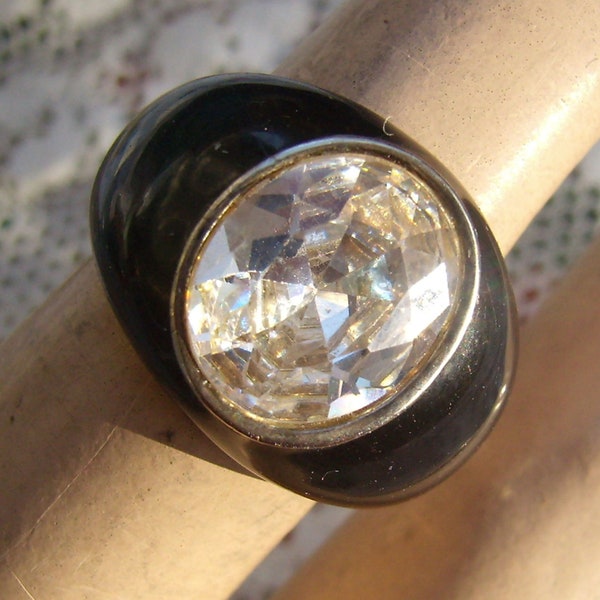 Vintage Black Enamel Crystal Costume Ring...Large Faceted Crystal...Beautiful Cocktail/Costume Ring