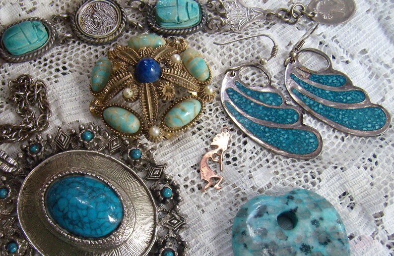 Vintage Lot Turquoise Jewelry...Loose Beads...Sterling Cross and Charm...Scarab Bracelet...Some Repair...Destash Lot...Supplies
