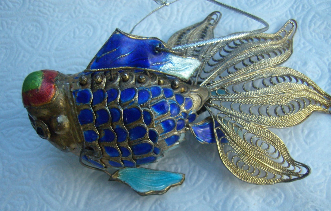 Reduced....antique Vintage Articulated KOI FISH Pendant/ornament...blue