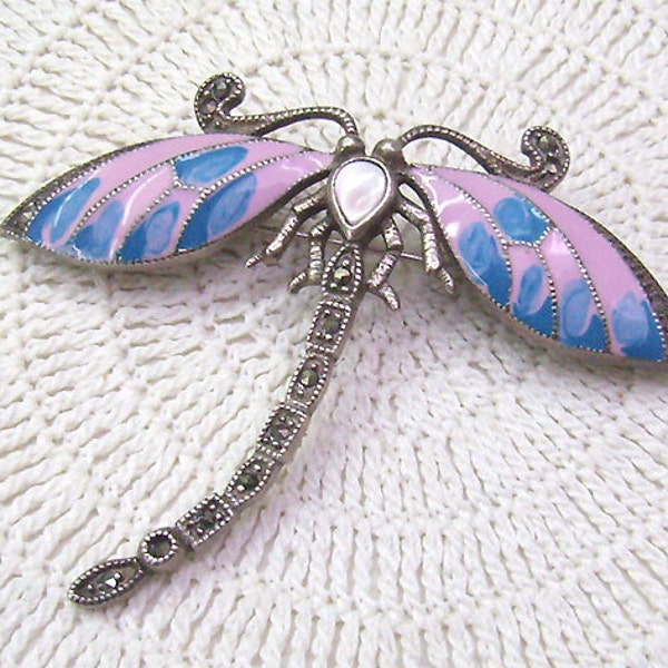 Resevered for Alan.FOUR TREASURY  Lists....Vintage DRAGONFLY Brooch...Sterling...Enamel Dragonfly...Marcasite Accents....Beautiful Dragonfly