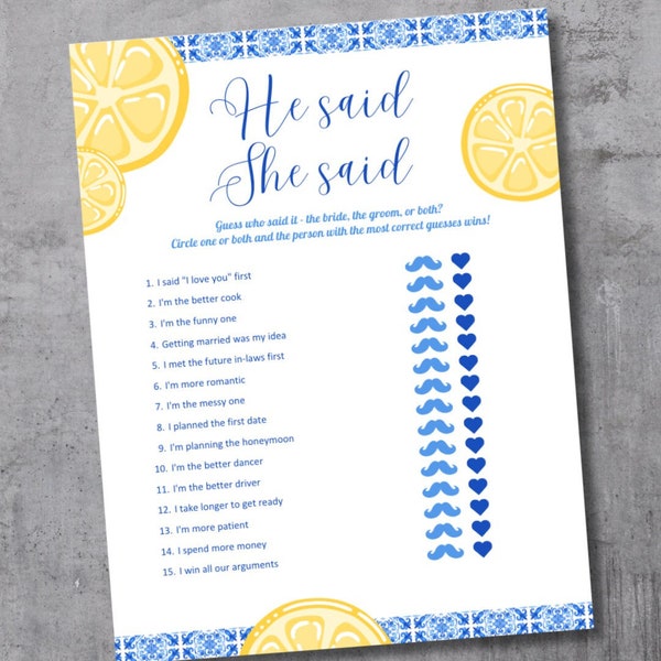 He Said She Said Game, Minimalist Bridal Shower Game Instant Download, Printable Game with Blue Tile Lemon Mediterranean Design