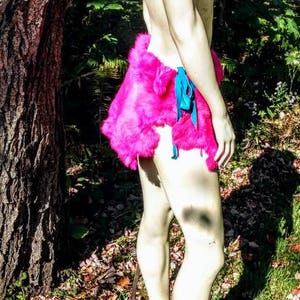 Loin Cloth Pink Rabbit Fur Skirt Festival Wear Blue Leather Burning Man Mini Skirt Unisex Tribal Halloween Cosplay