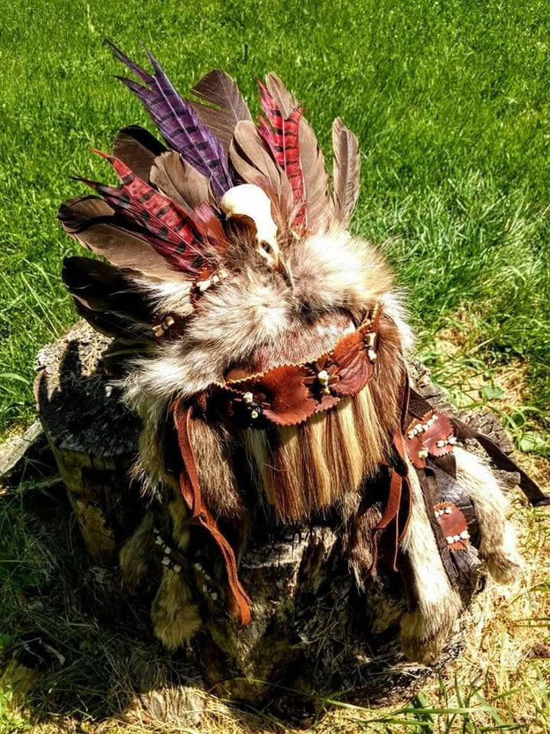 Shaman Headdress Barbarian Costume Warrior Headdress Fur Etsy