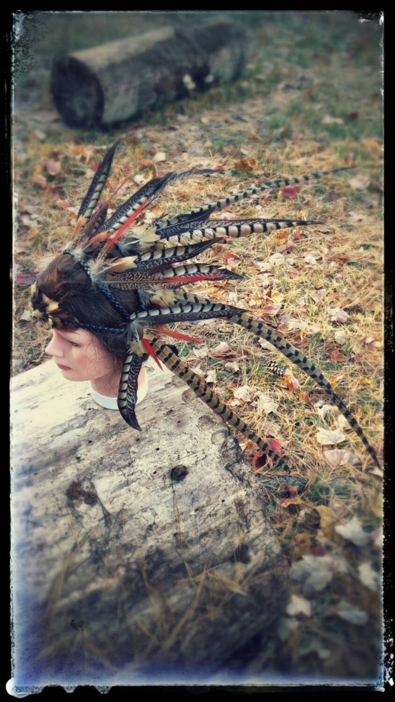 Feather costume headdress burning man shamanic warrior barbarian savage primitive tribal pheasent headband head piece image 5