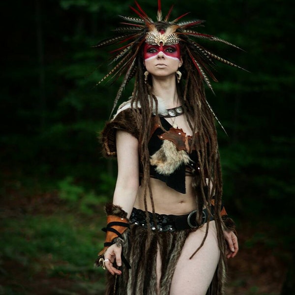 Shaman,Barbarian Costume, Feather Headdress,Leather Top, Wrist Cuffs,Leg Warmers,Fur Skirt,Primitive Costume, Fantasy