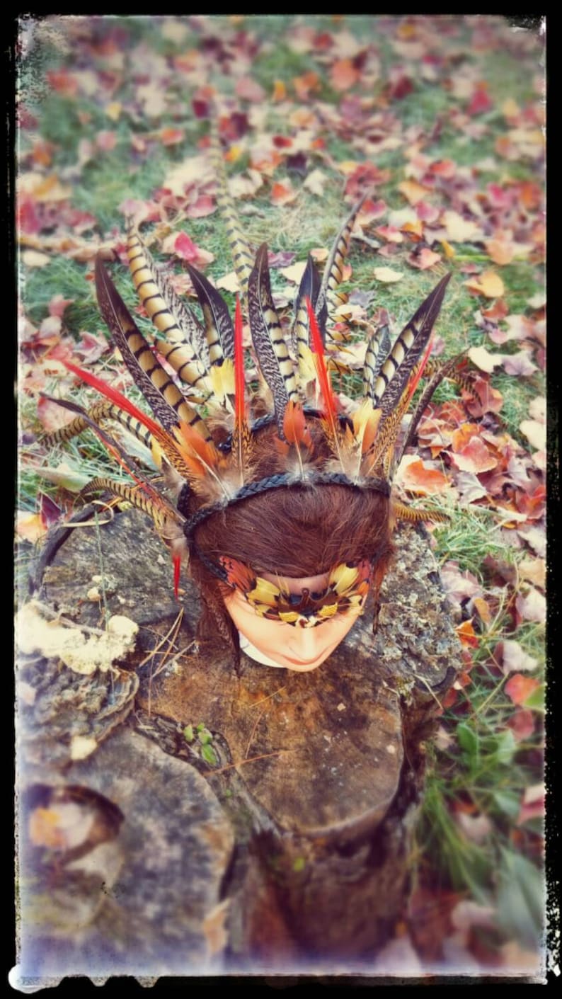 Feather costume headdress burning man shamanic warrior barbarian savage primitive tribal pheasent headband head piece image 3