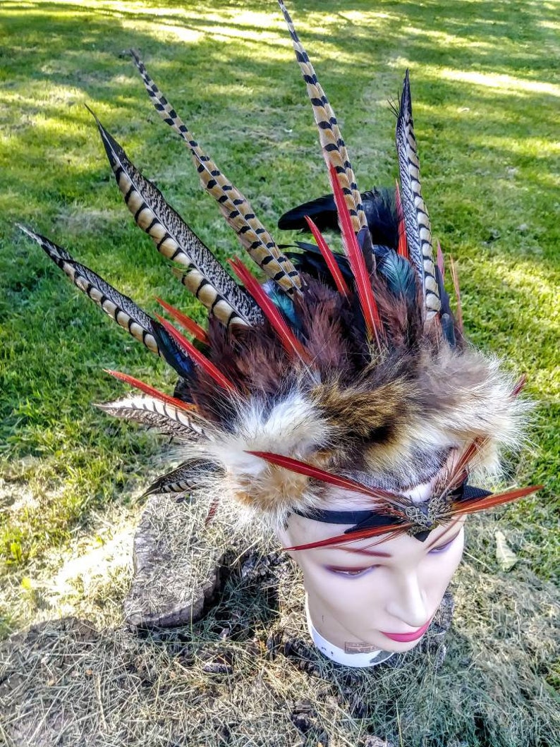 Feather costume headdress burning man shamanic warrior barbarian savage primitive tribal pheasent headband head piece image 7