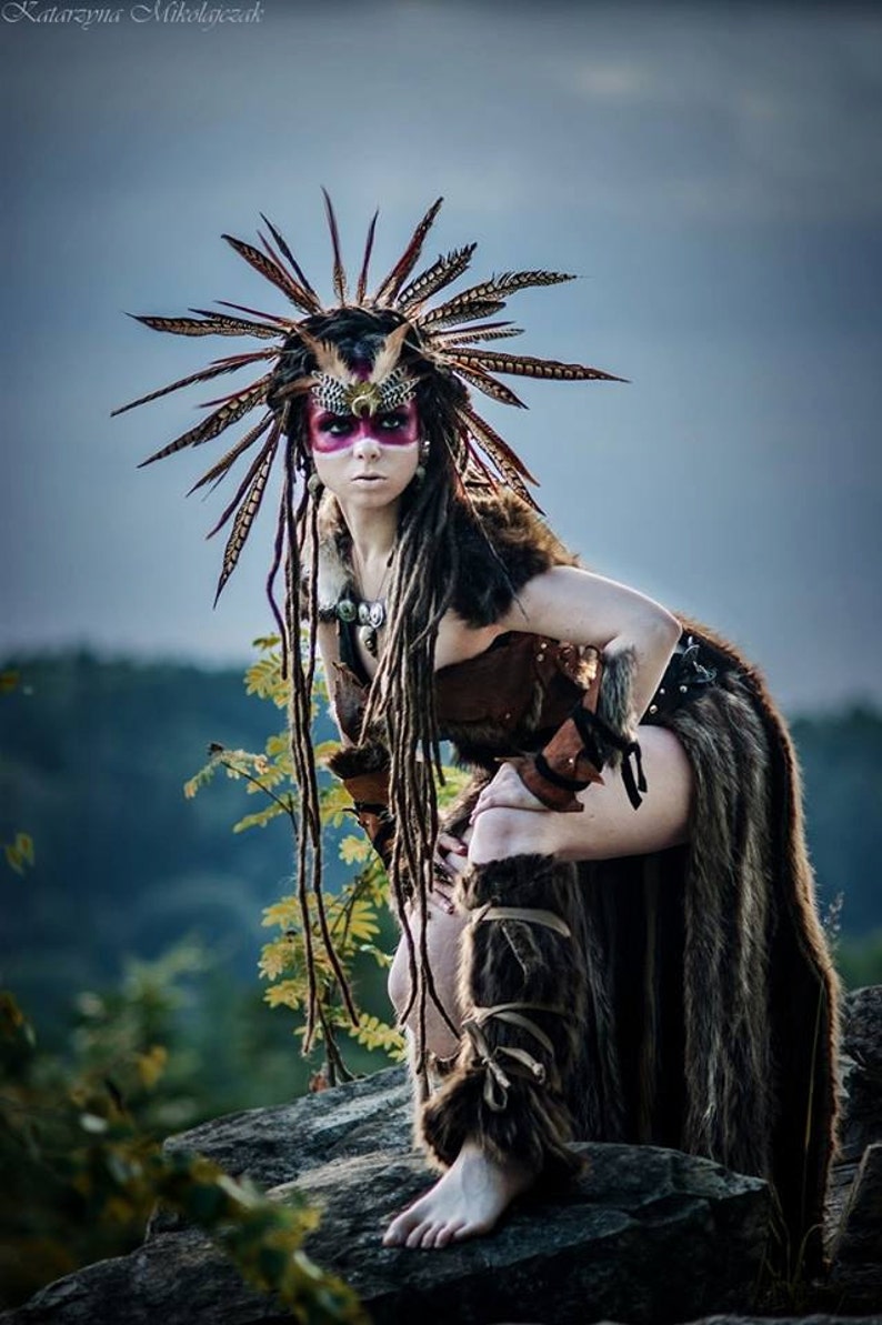 Feather costume headdress burning man shamanic warrior barbarian savage primitive tribal pheasent headband head piece image 1