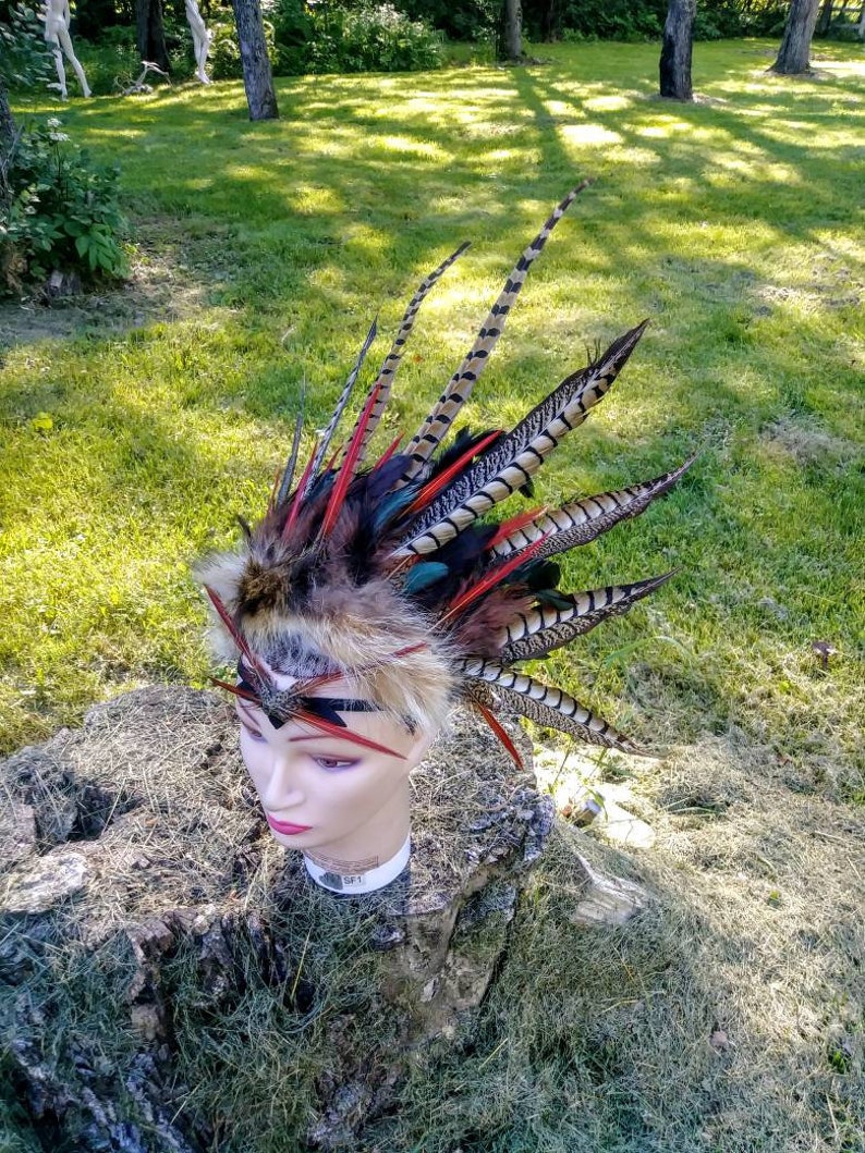 Feather costume headdress burning man shamanic warrior barbarian savage primitive tribal pheasent headband head piece image 6