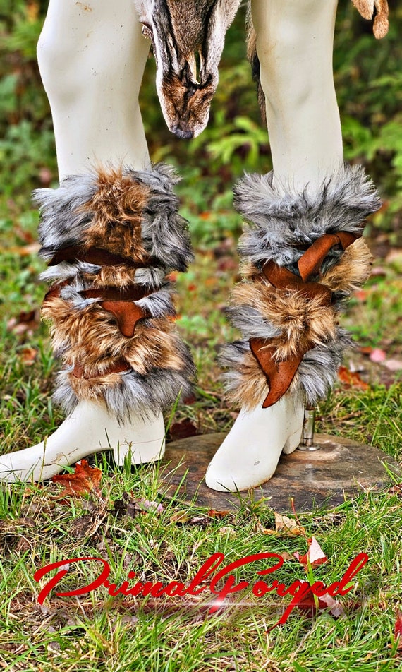 Faux Fur Viking Costume Leg Warmers with Strap Detail