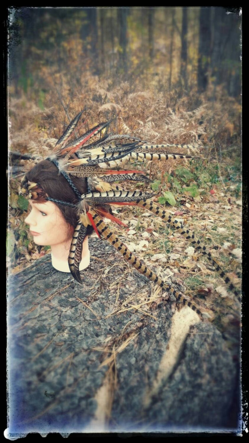 Feather costume headdress burning man shamanic warrior barbarian savage primitive tribal pheasent headband head piece image 4