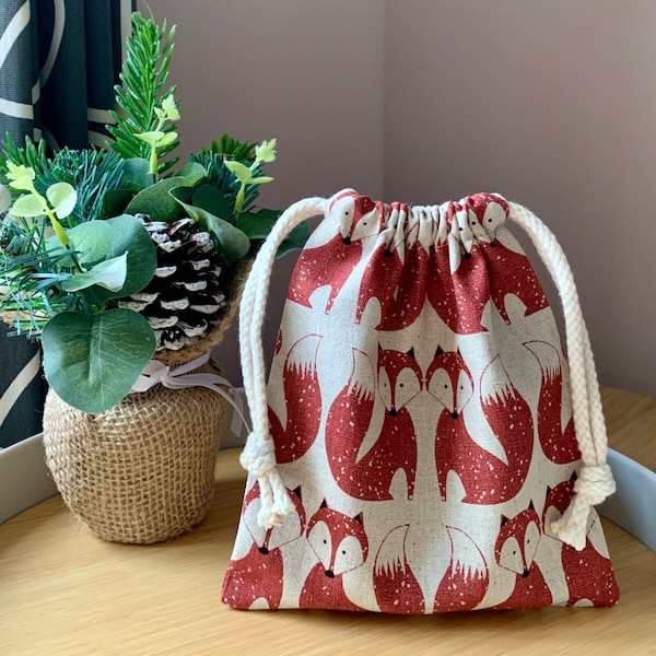 Dashwood Studio Chalk Hill Fox / Foxes Fabric Gift Pouch / Bag - Beige & Red - Scandi - New