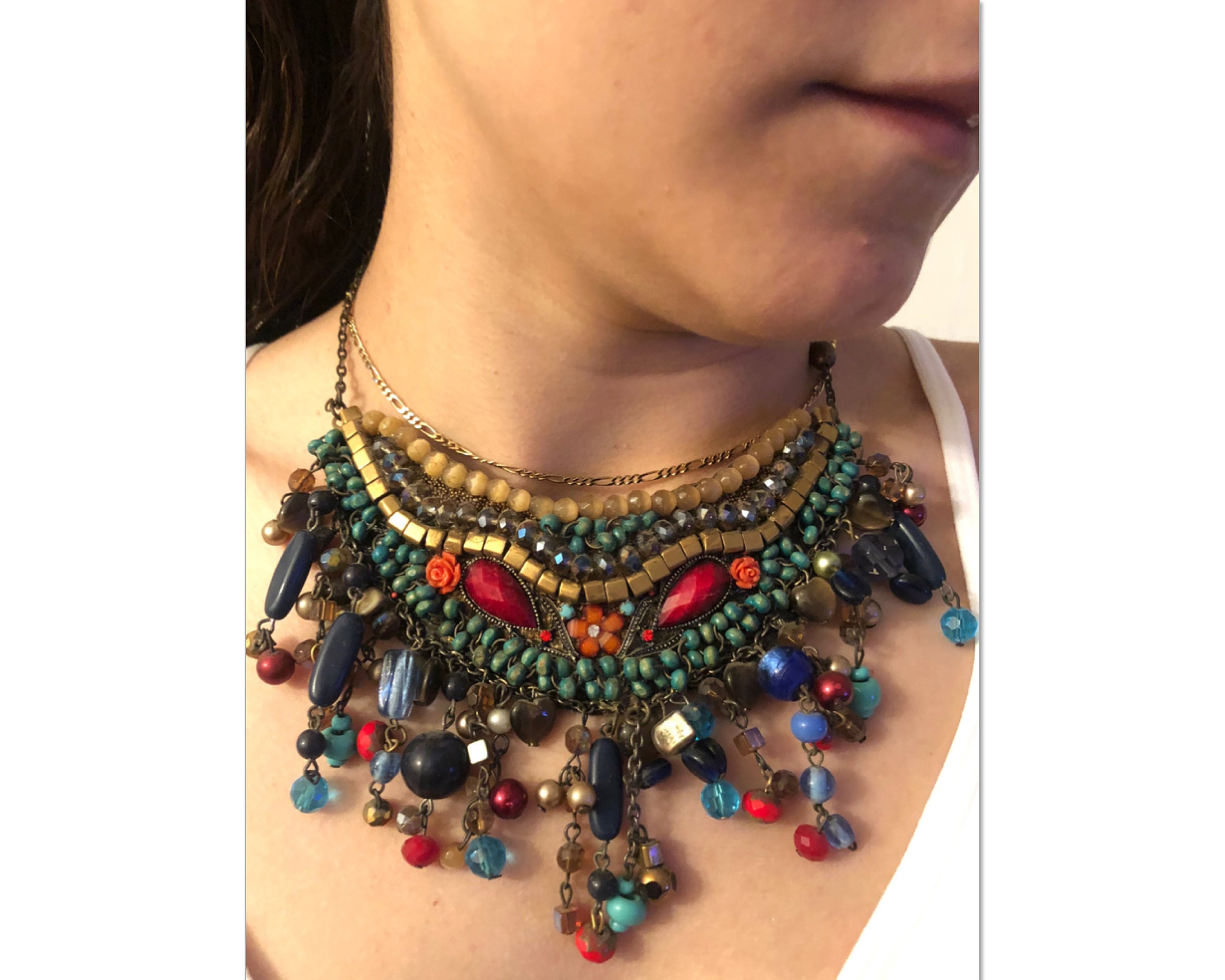 Boho chic Statement Necklace Unique blue red gold and Etsy