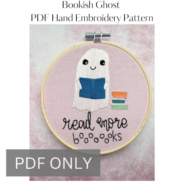 Digitial PDF Embroidery Pattern - Bookish Ghost Pattern - Hand Embroidery Pattern, PDF guide, beginner embroidery