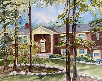 Watercolor House Portrait, Architectural Painting Commissioned in Watercolor, Custom Home Painting