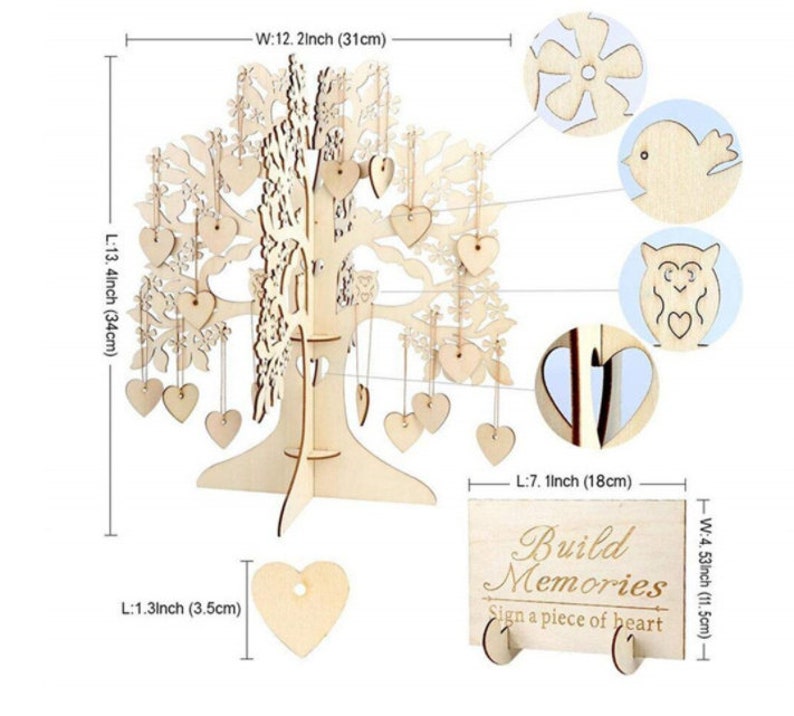 Heart-Shaped Decoration Keepsake 3-D Wood Tree Wedding Decoration Guest Book Ornament