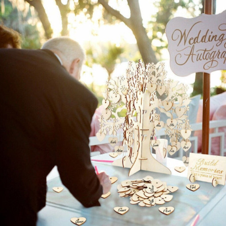 Heart-Shaped Decoration Keepsake 3-D Wood Tree Wedding Decoration Guest Book Ornament