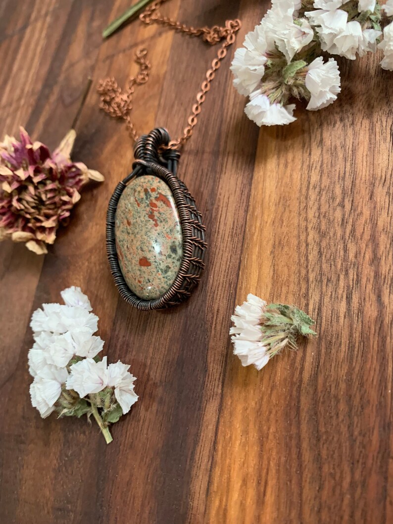 Jasper And Oxidized Copper Wire Wrapped Pendant Handmade Wire Wrap Necklace