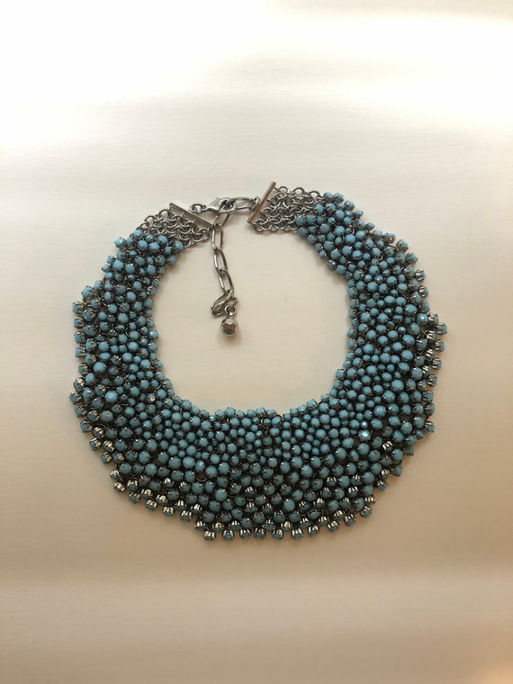 Baby Blue Bead Bib Necklace, Bead Mesh Turquoise G