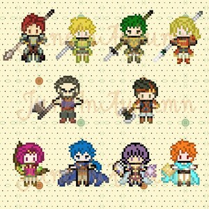 May include: Pixel art characters from a video game. The characters are in various poses and are wearing different colored clothing. The background is a light yellow with a pattern of small brown dots.