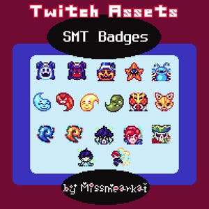 May include: A set of 20 pixel art badges featuring various characters and symbols. The badges are designed in a retro video game style and are labelled "SMT Badges" and "by Missmearkat".