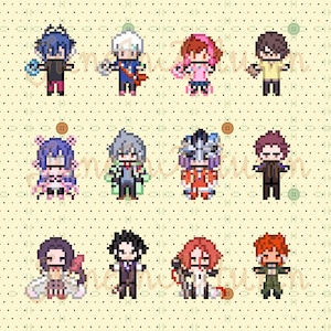 May include: A set of 12 pixel art character illustrations. The characters are in various poses and wearing different outfits. The background is a light yellow with a pattern of small white dots.