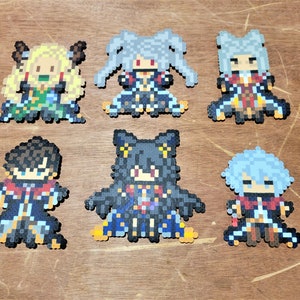 May include: Six colorful pixel art figures of characters with different hairstyles and clothing. The figures are made of small beads and are arranged in two rows of three.