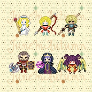 May include: Pixel art illustration of eight characters from a video game. The characters are in various poses and are wearing different outfits. The background is a light yellow with a pattern of small dots.