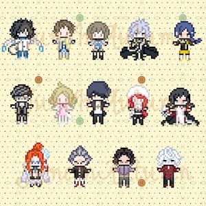 May include: A set of 12 pixel art character illustrations. The characters are all in different poses and wearing various outfits. The background is a yellow and brown polka dot pattern.