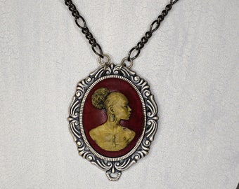 Black woman cameo necklace silver bezel