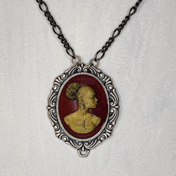 Black woman cameo necklace silver bezel