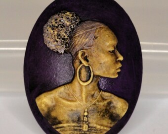 Black woman cameo purple background hand painted