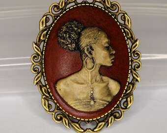 Black woman cameo regal lady brooch bronze tone bezel leather look